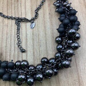 Lia Sophia Inked Cluster Black Beaded Gun Metal Matte Necklace